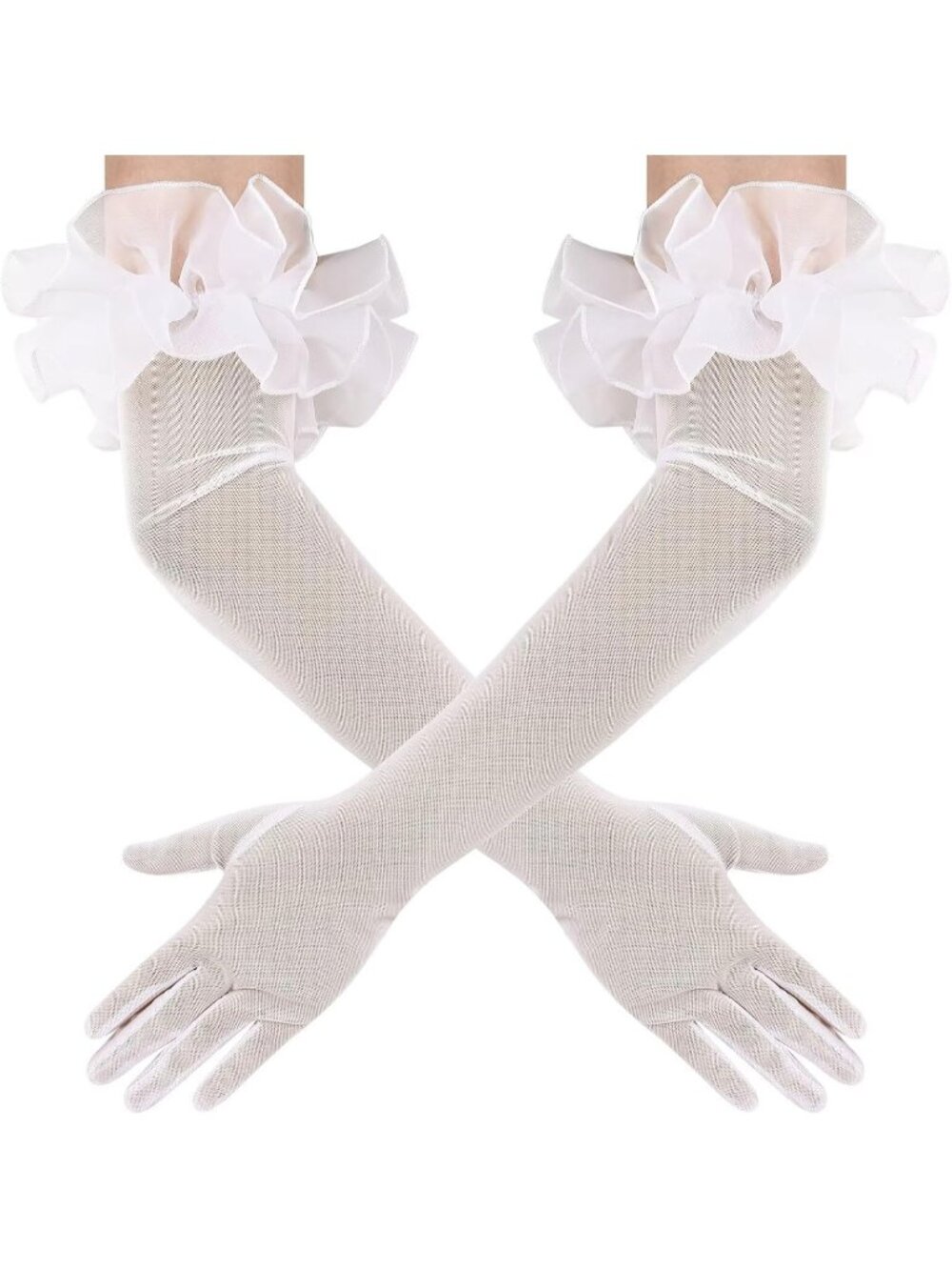 Women's Ivory Long Sleeve Oversize Ruffle Cuff Sheer Tulle Mesh Puff Gloves